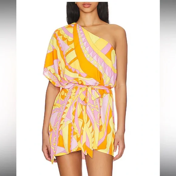 Show Me Your MuMu One-Shoulder Dress in Pink and Yellow - Picture 1 of 5